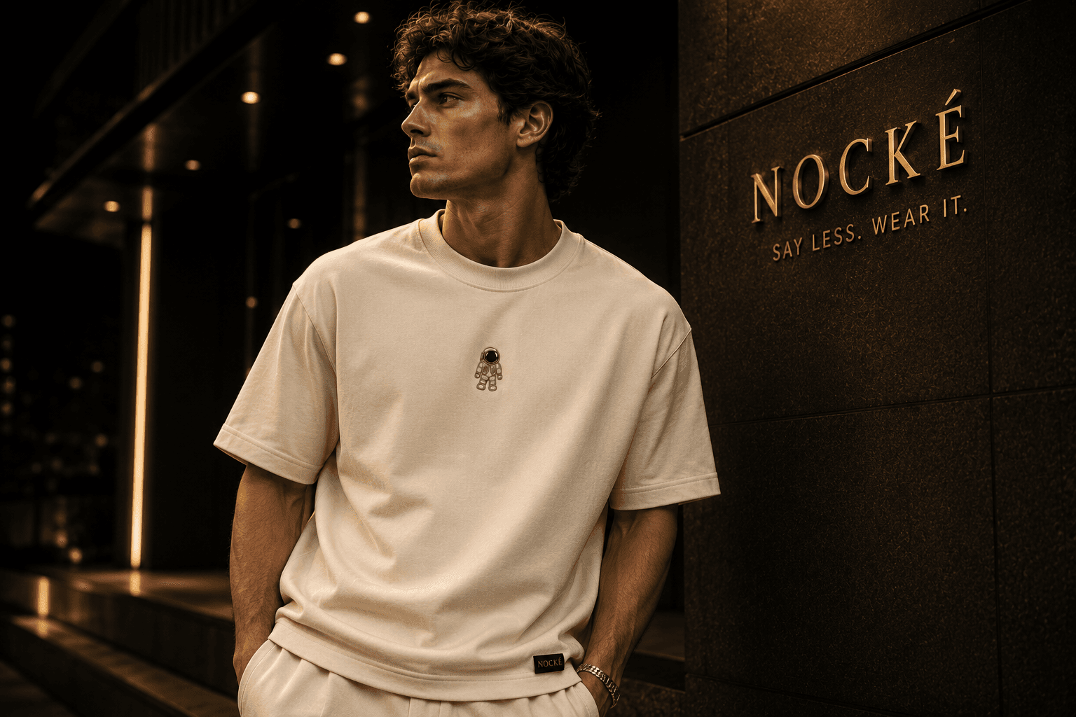Model wearing a cream NOCKÉ tee in an editorial night campaign