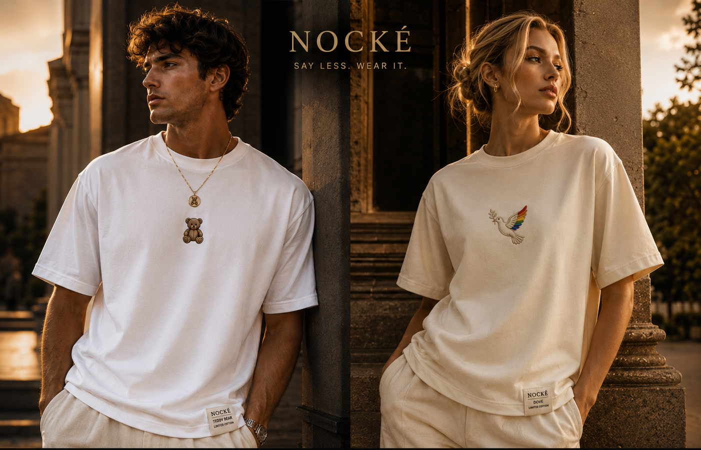 NOCKÉ campaign hero with Teddy Bear and Dove tees